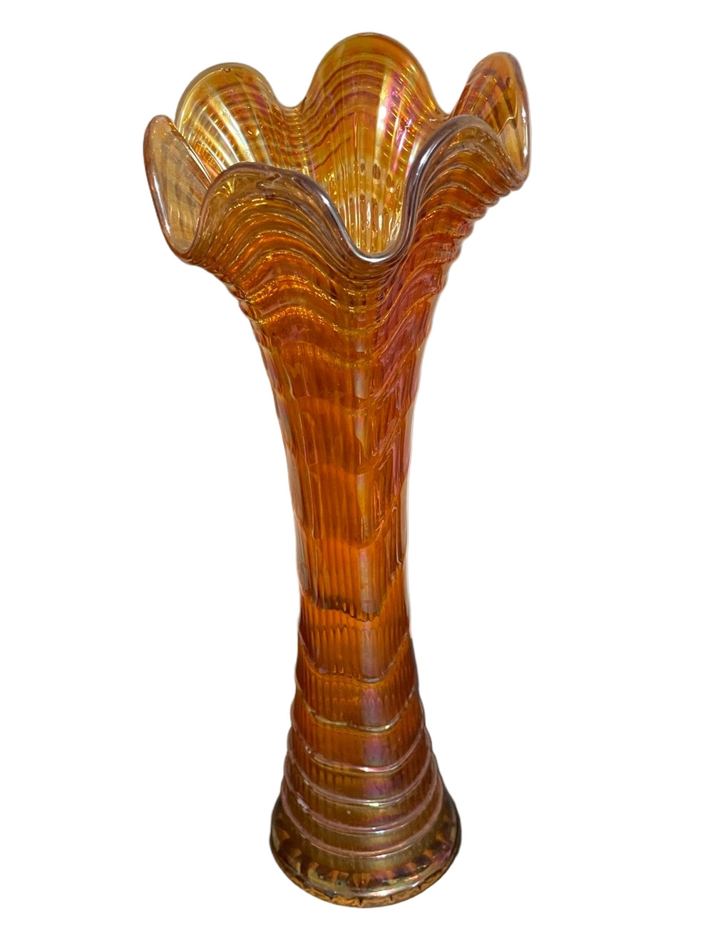 Vintage Imperial Glass Co. Ripple Swung Vase in Marigold Carnival Glass